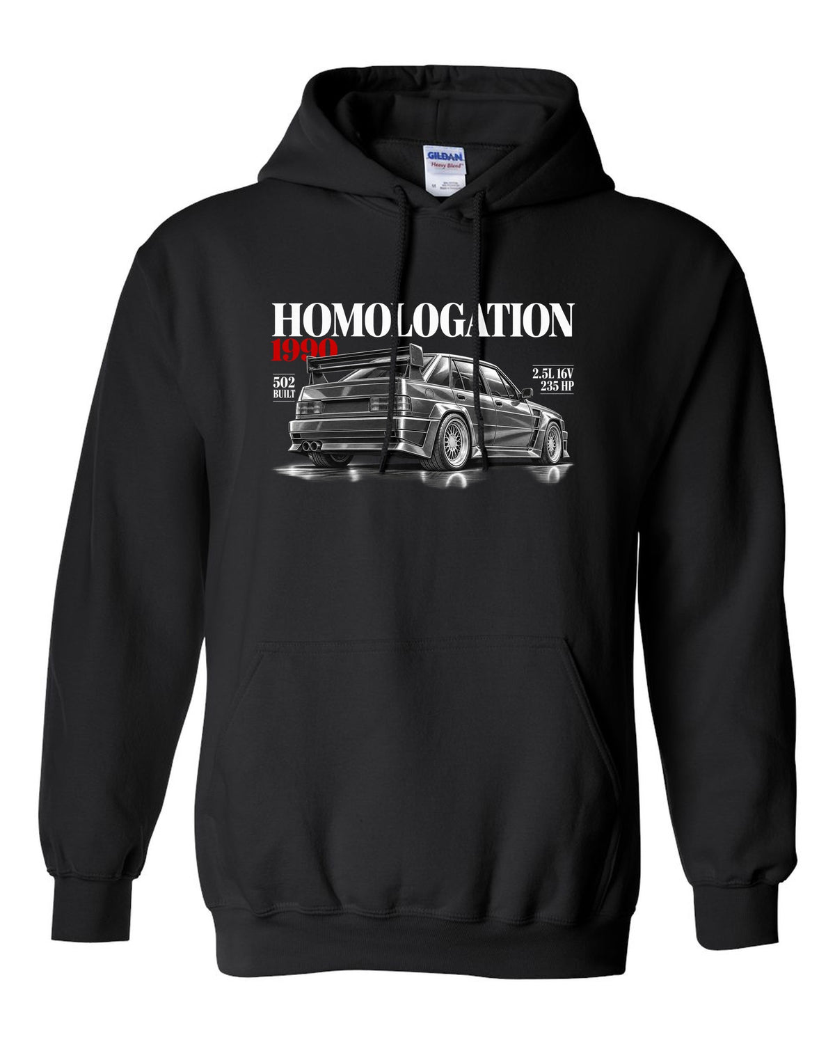 print editorial headline of a Mercedes 190E 2.5-16 Evolution II W201 with homologation 1990 502 built black pull over hoodie front view with the design