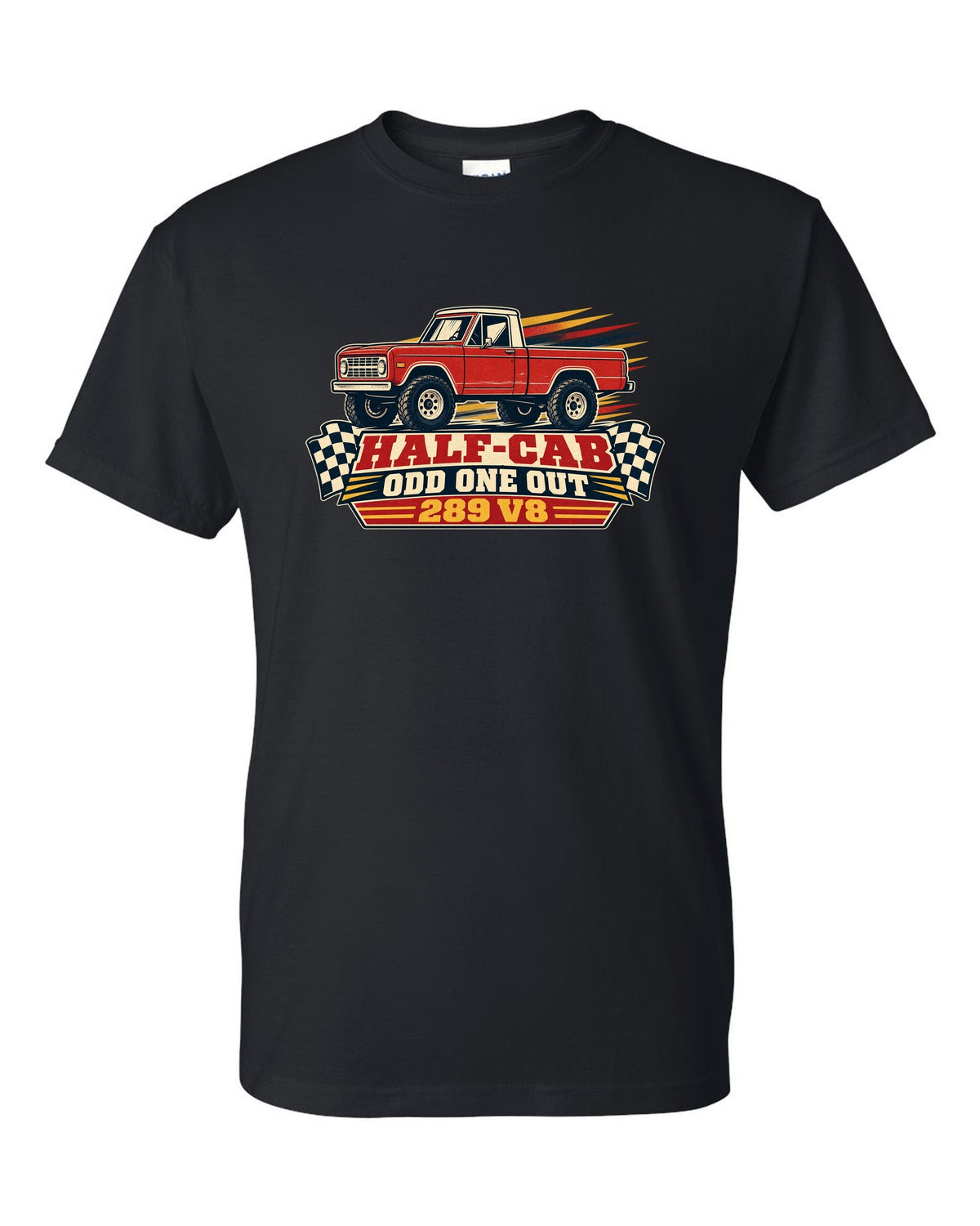 Vintage race poster art of a 1966-72 Ford Bronco U14 half-cab with HALF-CAB ODD ONE OUT lettering black t-shirt front view with the design