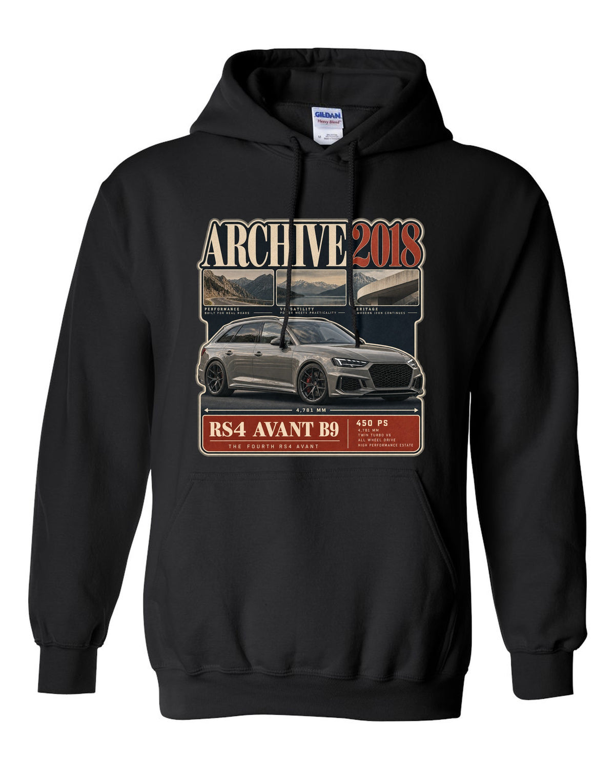 Audi RS4 Avant B9 archive panel print marked 2018 with 450 PS black pull over hoodie front view with the design
