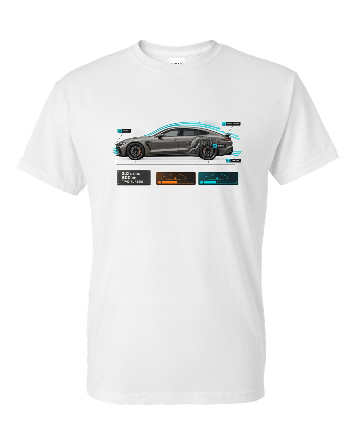 print of the Koenigsegg Gemera with aero callouts and the text 2.0 litres, 600 hp, two turbos white t-shirt front view with the design