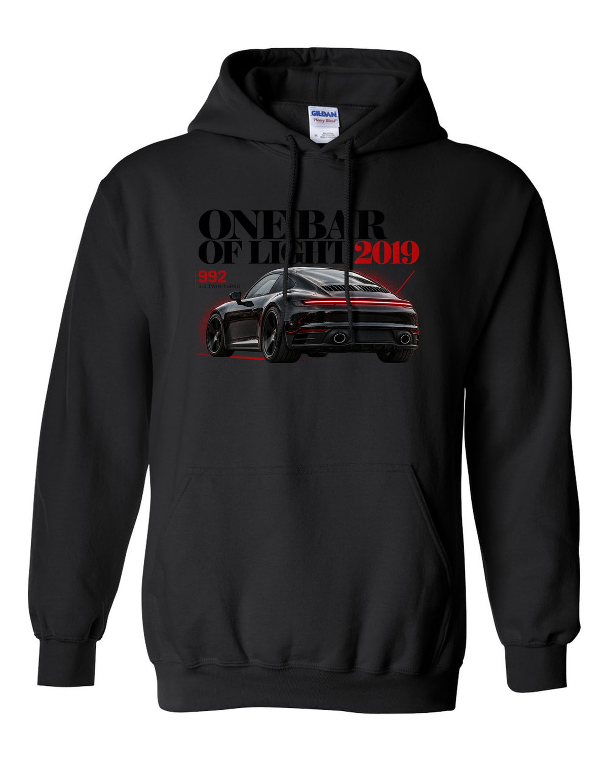 Editorial headline print of a Porsche 911 Carrera S 992 with One Bar Of Light caption black pull over hoodie front view with the design