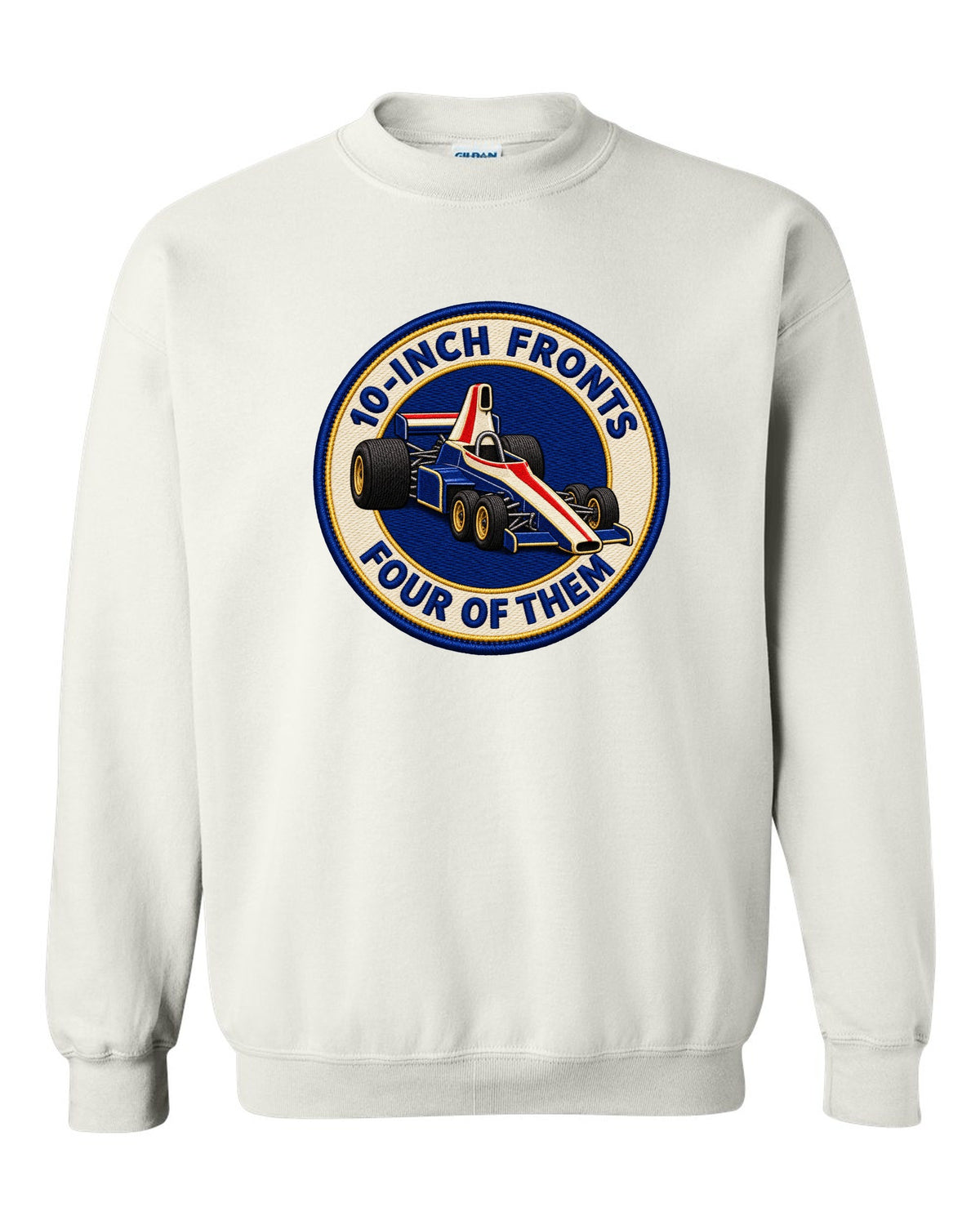 Varsity crest print of the Tyrrell P34 with 10-inch fronts, four of them lettering white crewneck front view with the design