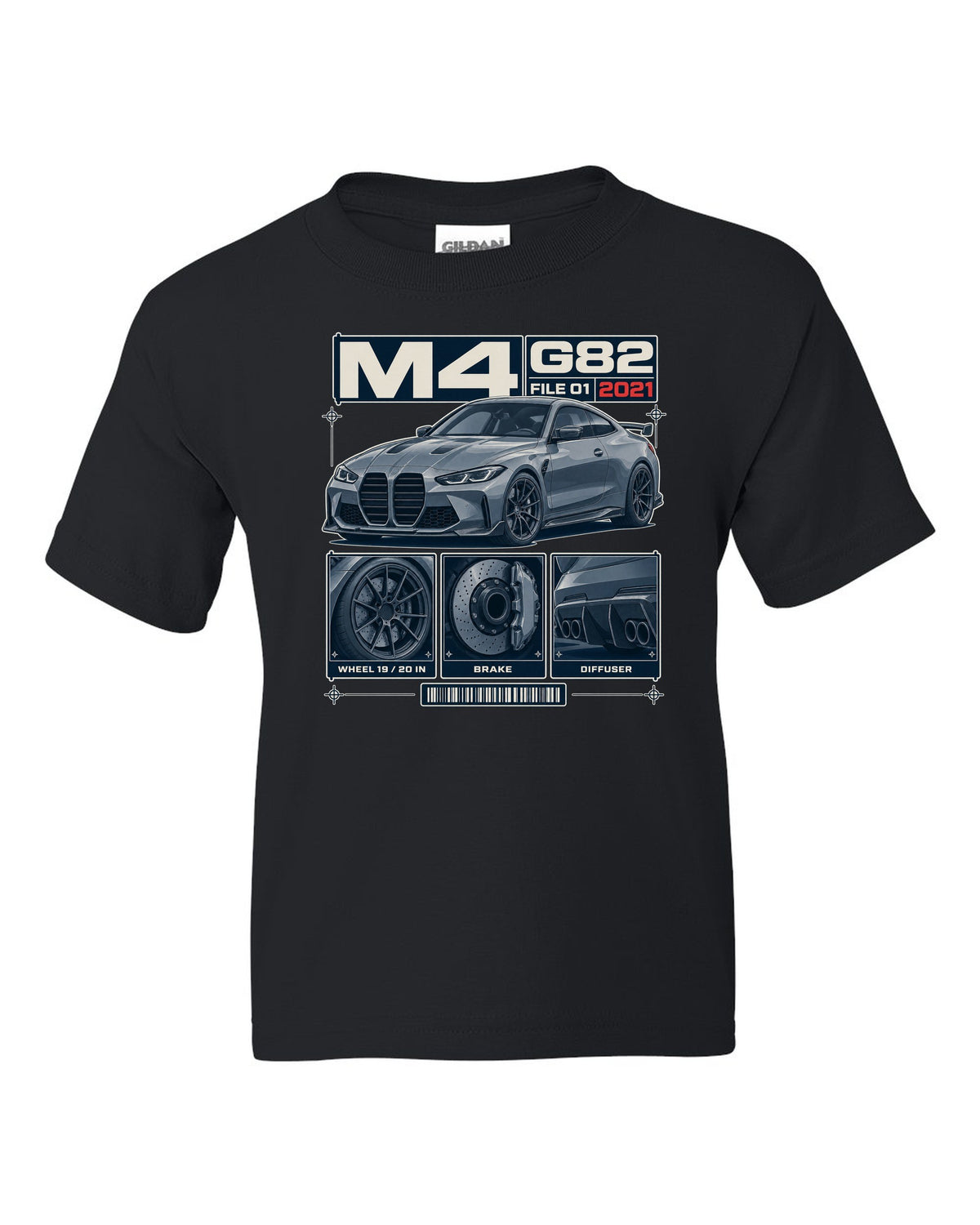 BMW M3 G80 dossier panels print with wheel, brake and diffuser details black kids tee front view with the design