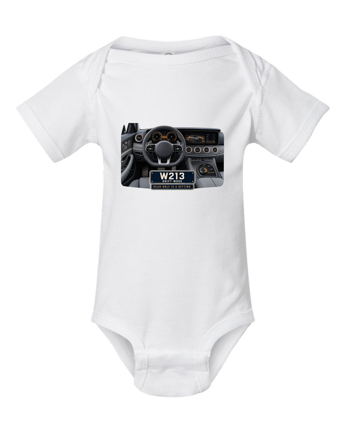 Cockpit and gauge print of a Mercedes-AMG E63 S W213 interior with drift mode white baby onesie front view with the design