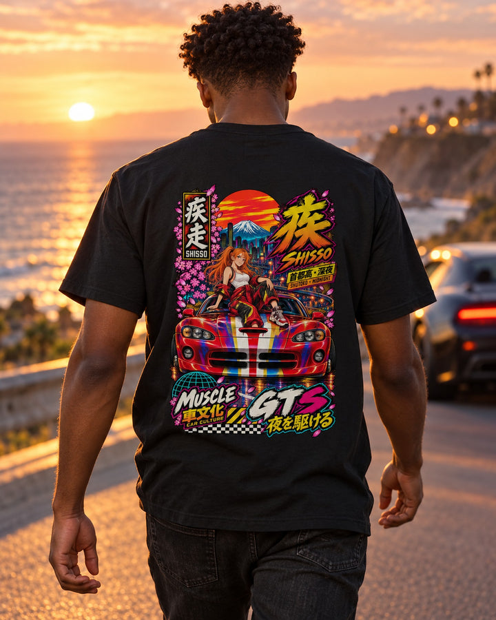 SHISSO GTS Anime Girl Full-Back Graphic Tee T-Shirt Black worn hero