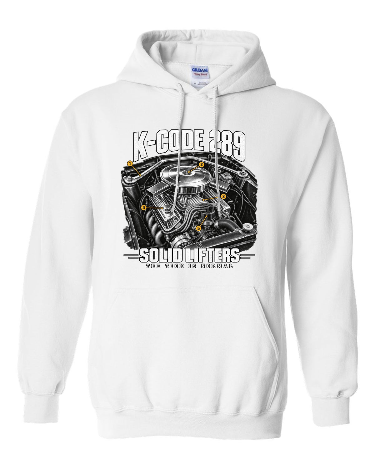 Engine illustration of a 1965 Ford Mustang K-code 289 V8 with solid lifter callouts white pull over hoodie front view with the design