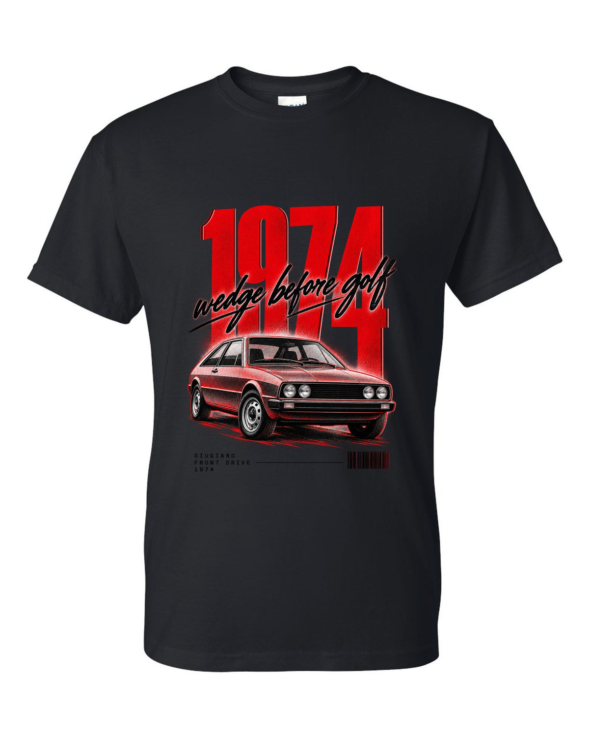 Street poster print of a VW Scirocco Mk1 front three-quarter with wedge before Golf 1974 text black t-shirt front view with the design