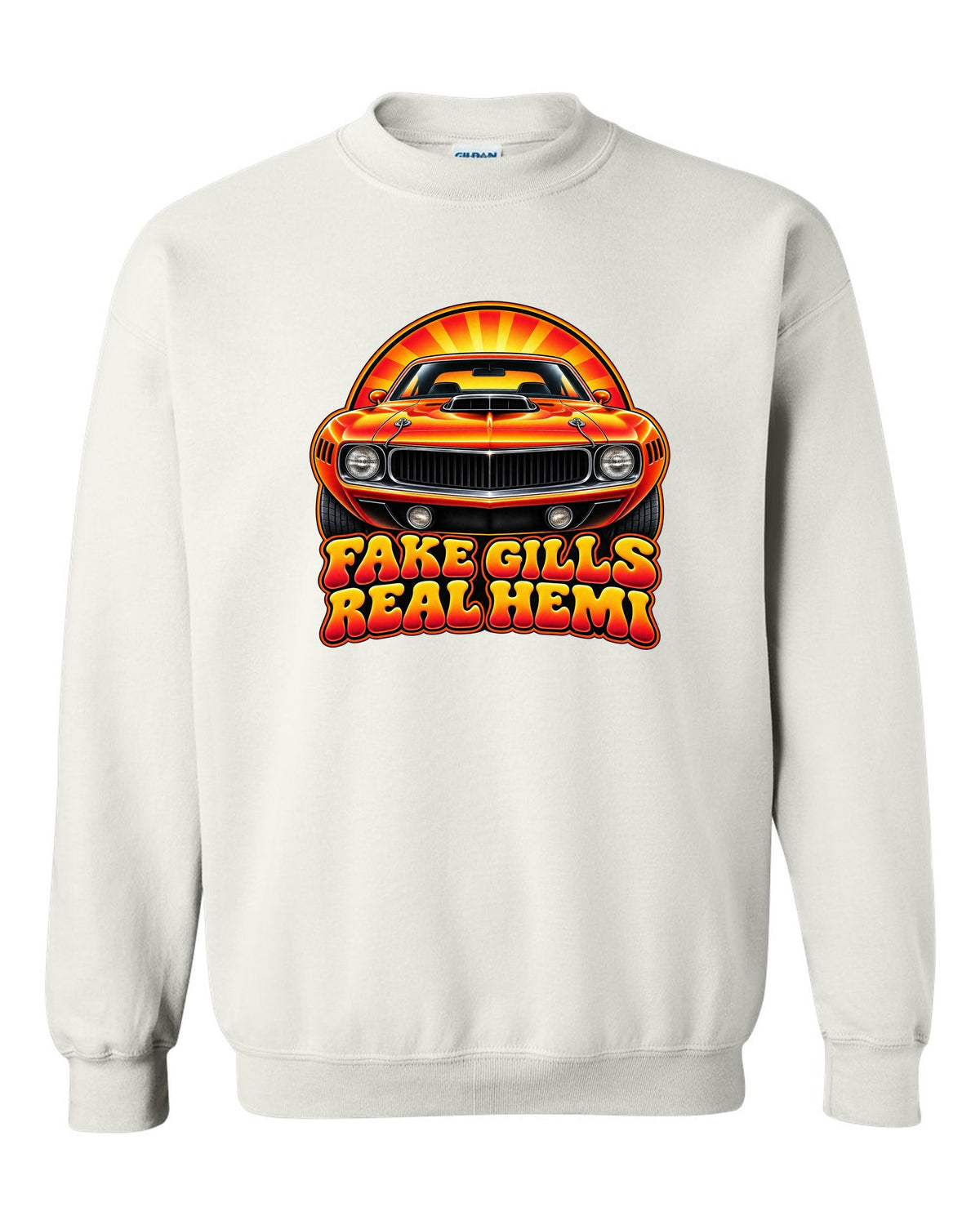 Retro 70s airbrush sunburst design with a 1970 Plymouth Hemi Cuda and fake gills real Hemi text white crewneck front view with the design
