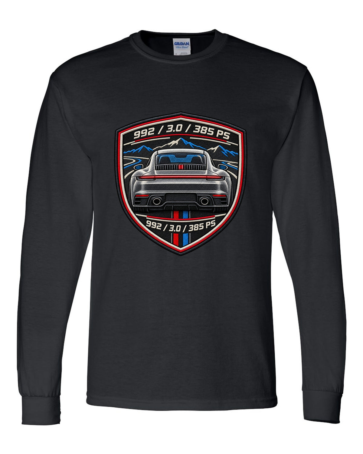 Round crest print of a Porsche 911 992 with the text 992, 3.0 and 385 PS black long sleeve front view with the design