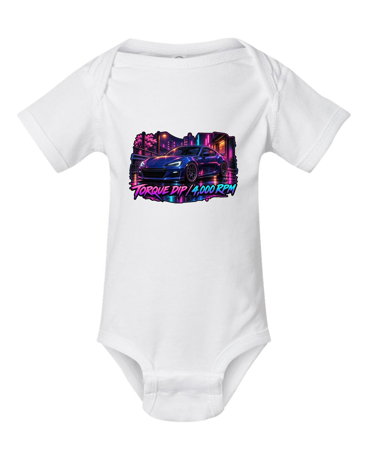 Spray-paint graffiti style Subaru BRZ ZD8 drifting with FA24 2.4L dip fixed text white baby onesie front view with the design