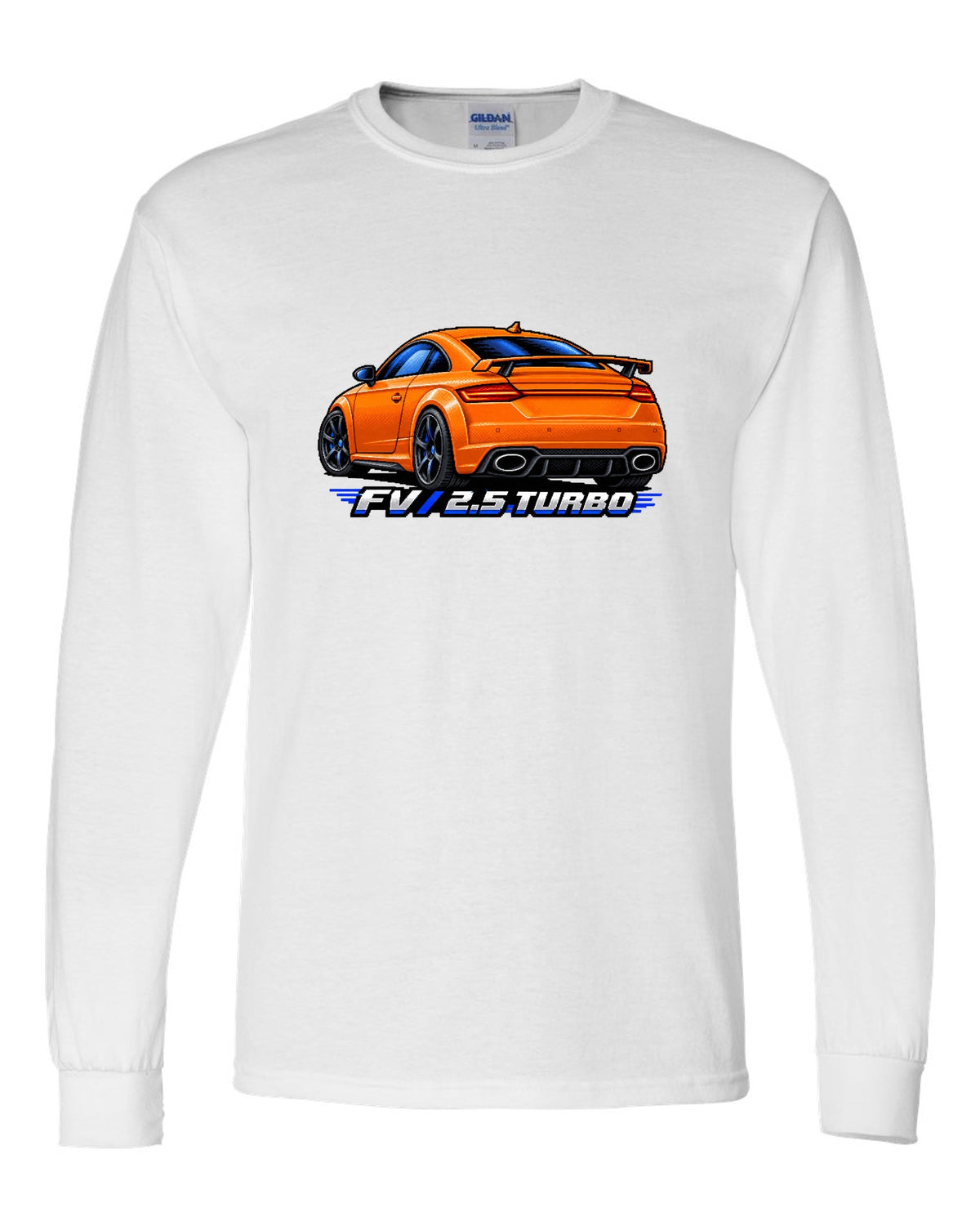 Pixel art print of an Audi TT RS FV with a rear wing and 2.5 turbo text white long sleeve front view with the design