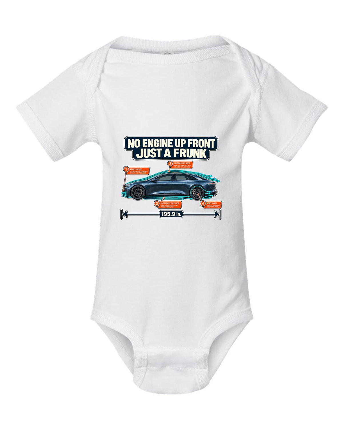Aero cutaway callout print of a Lucid Air Sapphire showing the front trunk white baby onesie front view with the design