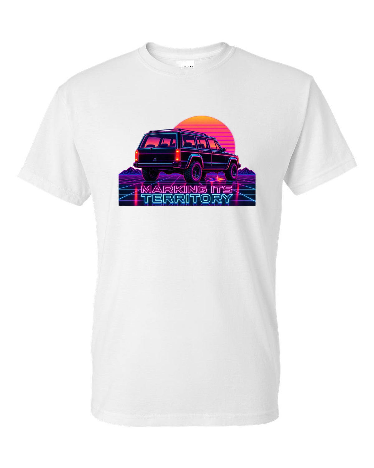 Neon synthwave print of a Jeep Cherokee XJ with the words Marking Its Territory white t-shirt front view with the design