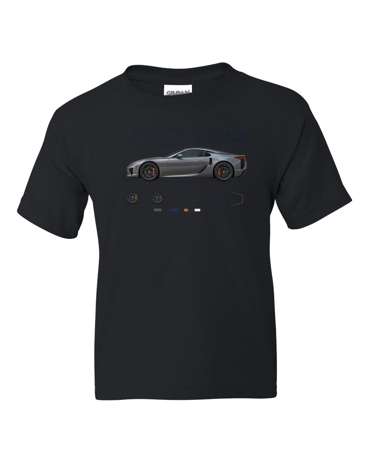 Blueprint style print of the Lexus LFA LFA10 with V10 spec lines black kids tee front view with the design