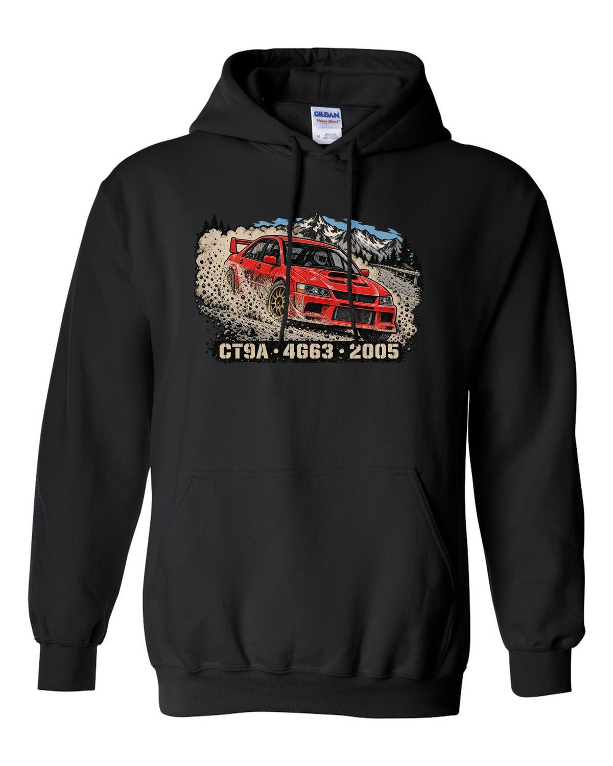 Distressed screenprint print of a Mitsubishi Lancer Evolution IX CT9A on gravel with CT9A 4G63 2005 lettering black pull over hoodie front view with the design