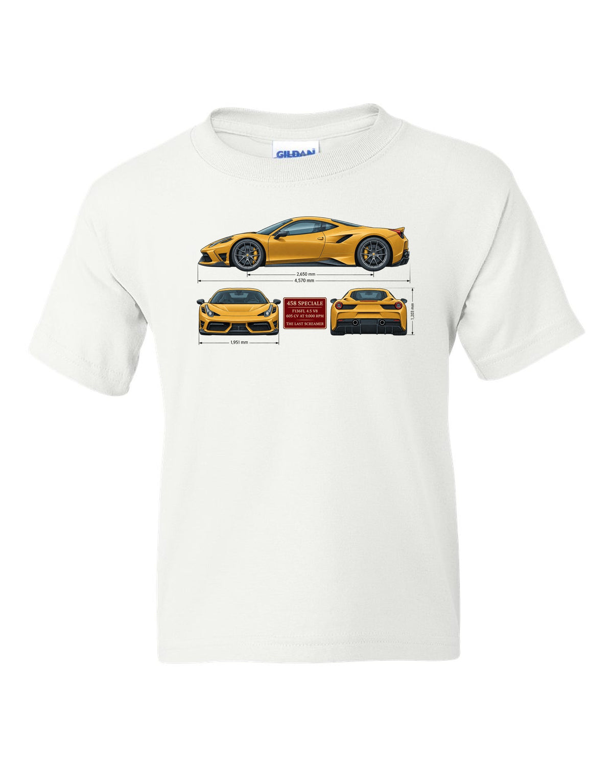 Three-view spec table print of the Ferrari 458 Speciale in ochre white kids tee front view with the design