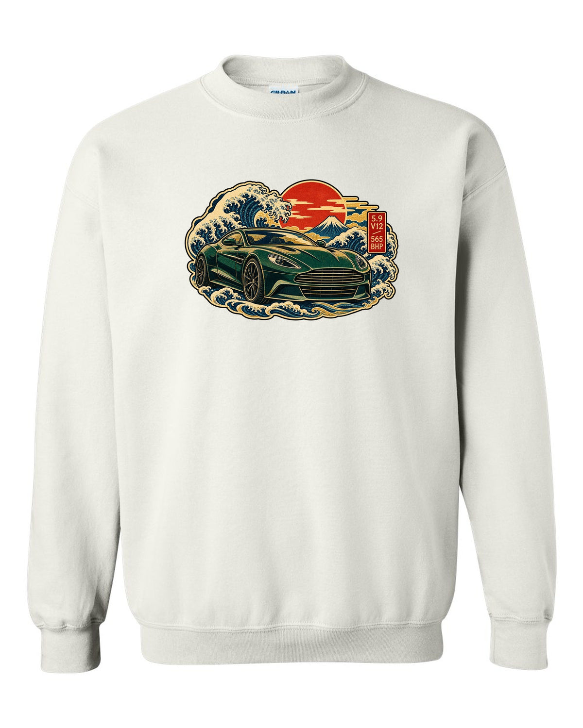 Aston Martin Vanquish ukiyo-e woodblock wave with 5.9 V12 565 BHP lettering white crewneck front view with the design