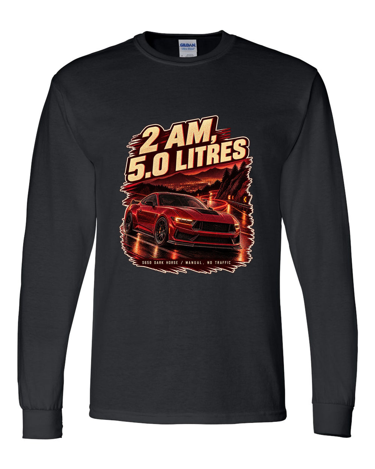 Ford Mustang S650 Dark Horse on an empty night street print black long sleeve front view with the design