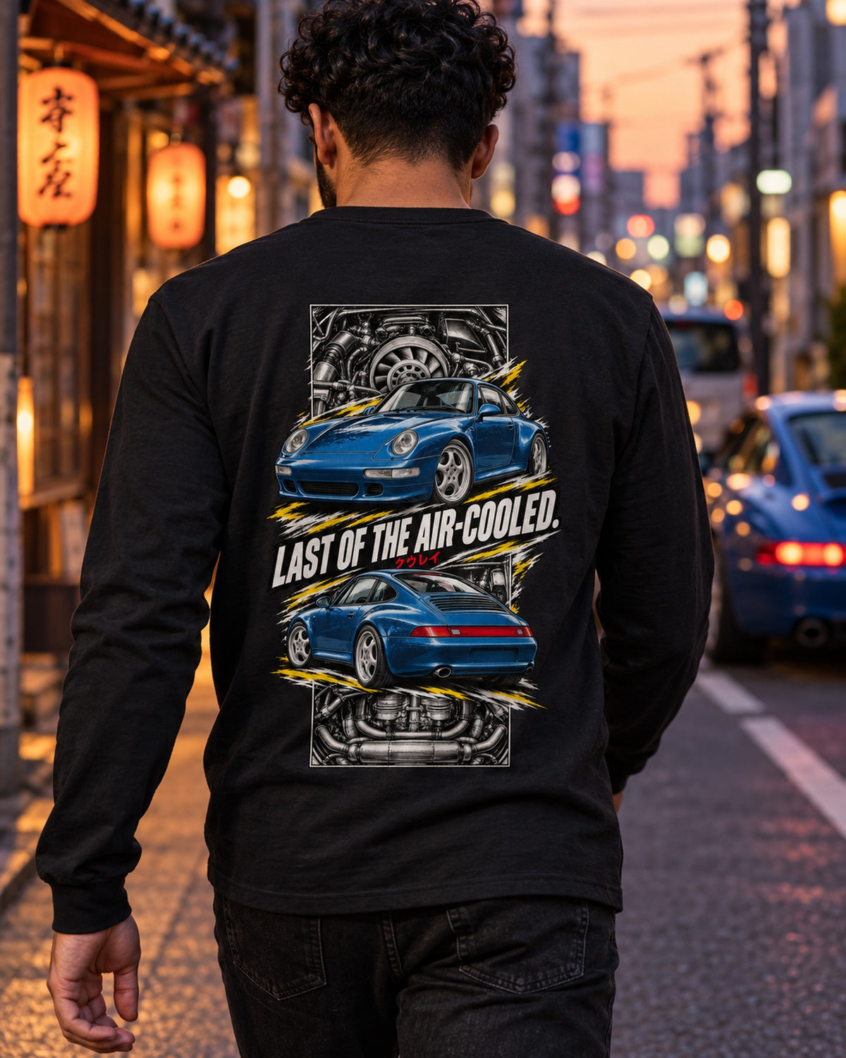 Porsche 911 993 Torn Poster Full-Back Graphic Tee Long Sleeve Black worn hero