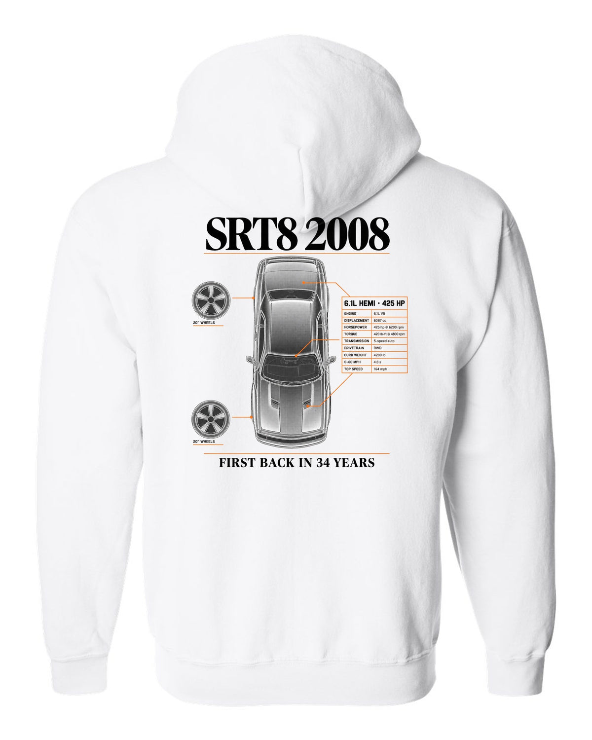 Spec poster print of a 2008 Dodge Challenger SRT8 with 6.1L Hemi and 425 HP text white zip hoodie back view with the design