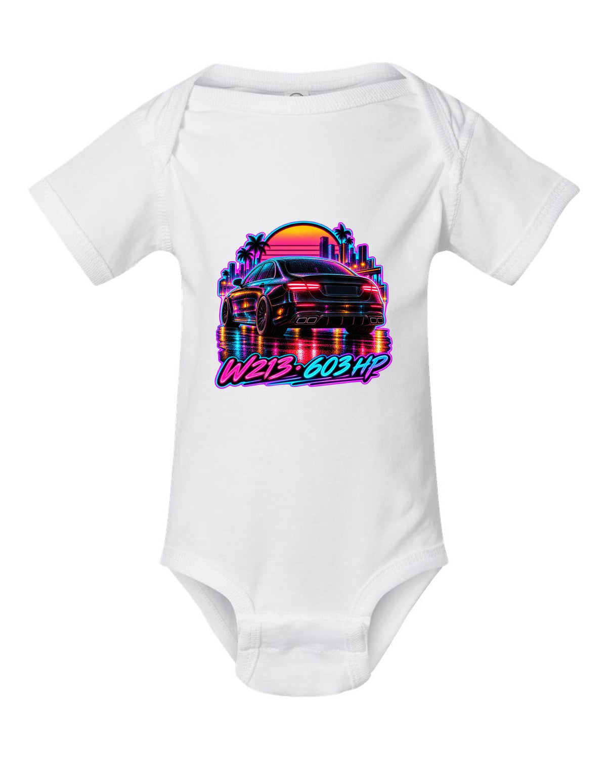Synthwave wet road scene with a Mercedes E63 AMG W213 and 603 HP text white baby onesie front view with the design