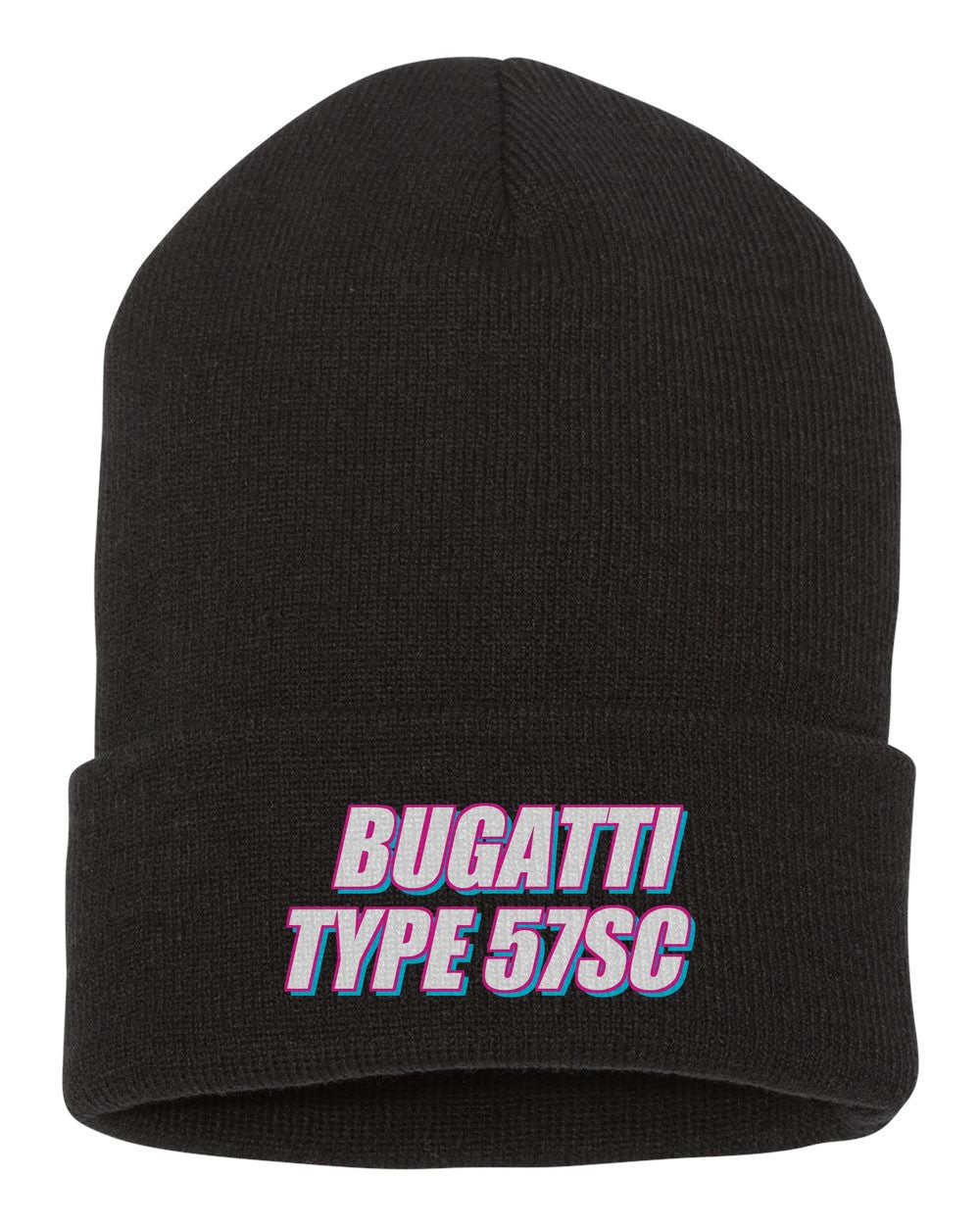 Bugatti Type 57Sc black beanie front view with car name