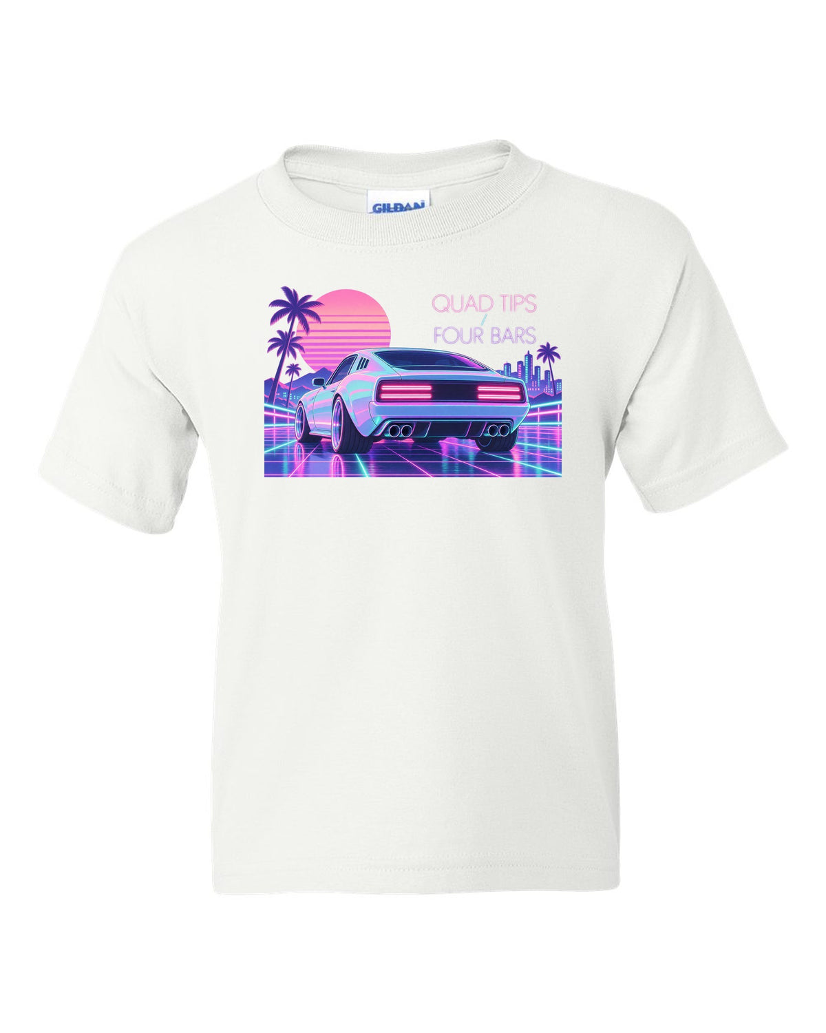 Kia Stinger GT CK vaporwave pastel rear view print with quad tips and four bars text white kids tee front view with the design