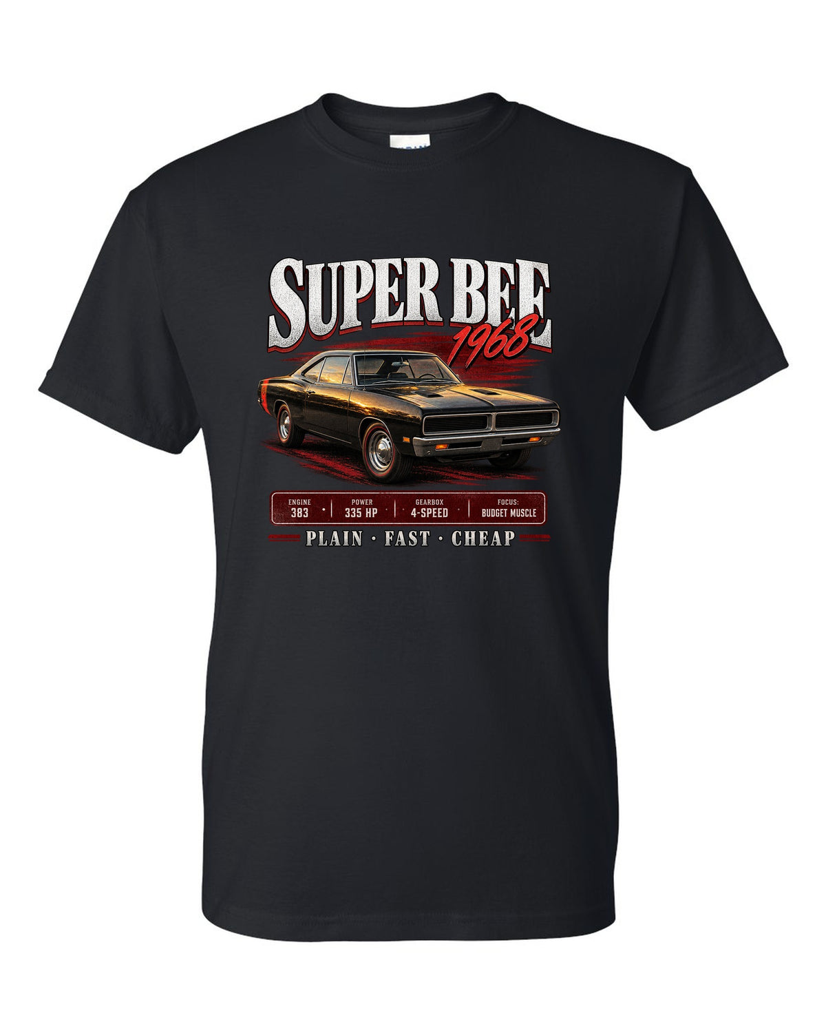 1968 Dodge Coronet Super Bee B-body coupe archive panel print black t-shirt front view with the design