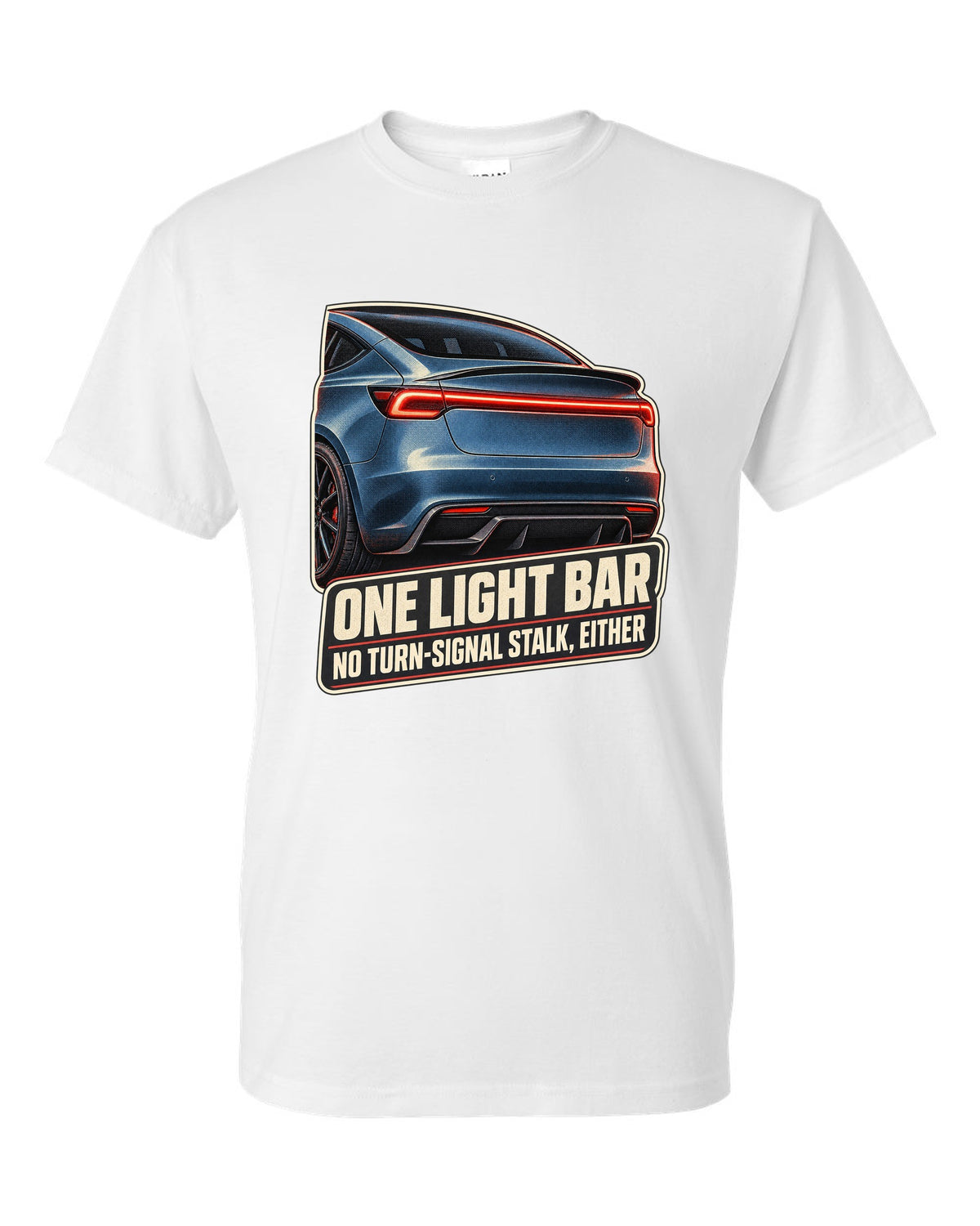 Rear taillight macro print of a Tesla Model 3 Performance Highland with a light bar white t-shirt front view with the design