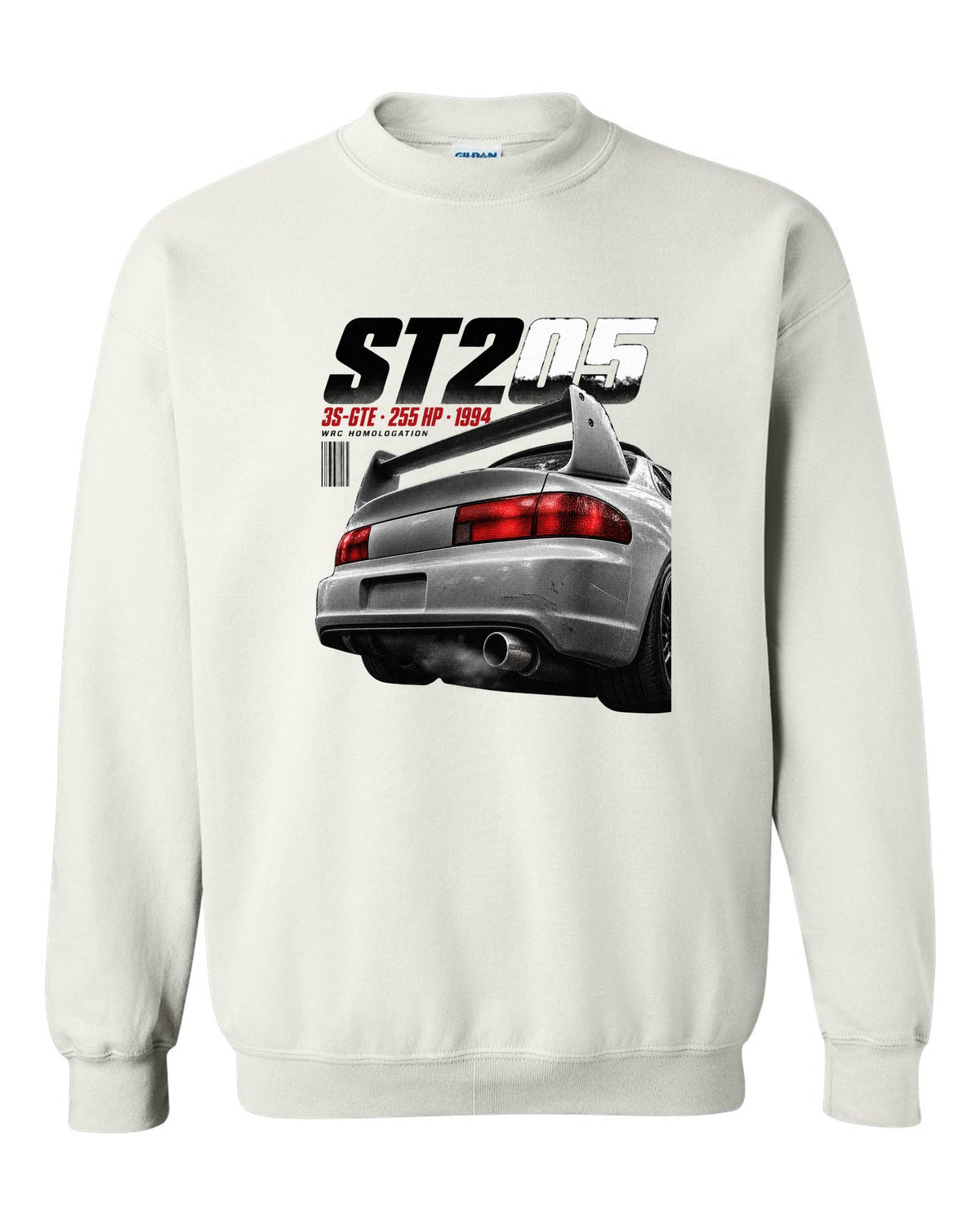 Macro detail of the Toyota Celica GT-Four ST205 rear wing with 3S-GTE text white crewneck front view with the design