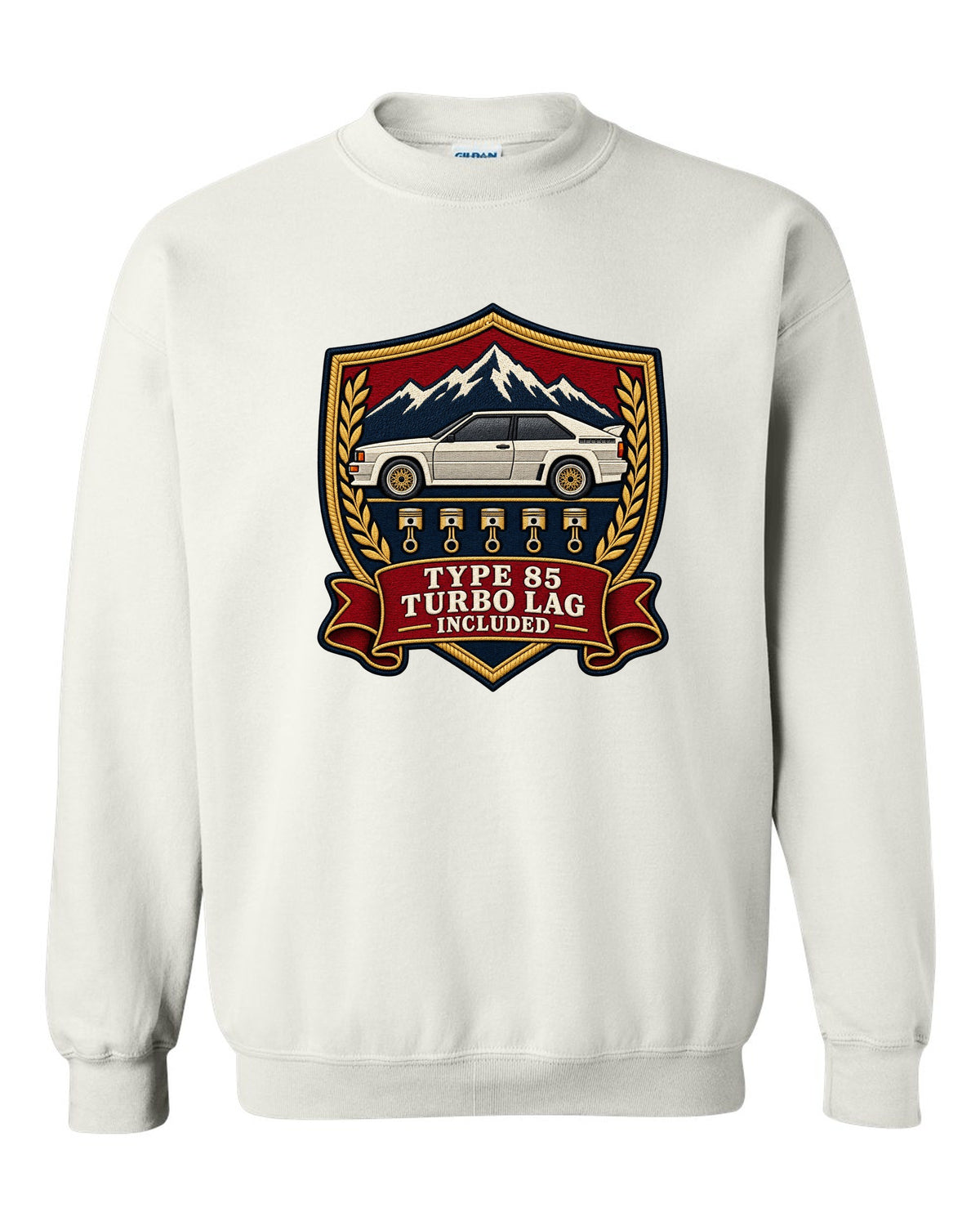 Varsity shield crest print of an Audi Ur-Quattro Type 85 with Turbo Lag Included text white crewneck front view with the design
