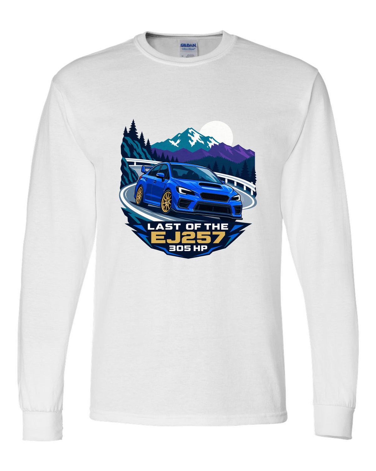Flat vector minimalist Subaru WRX STI VAB on a hairpin corner white long sleeve front view with the design