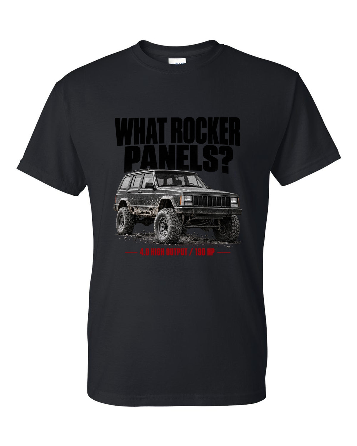 Jeep Cherokee XJ halftone print with 4.0 High Output 190 HP text black t-shirt front view with the design