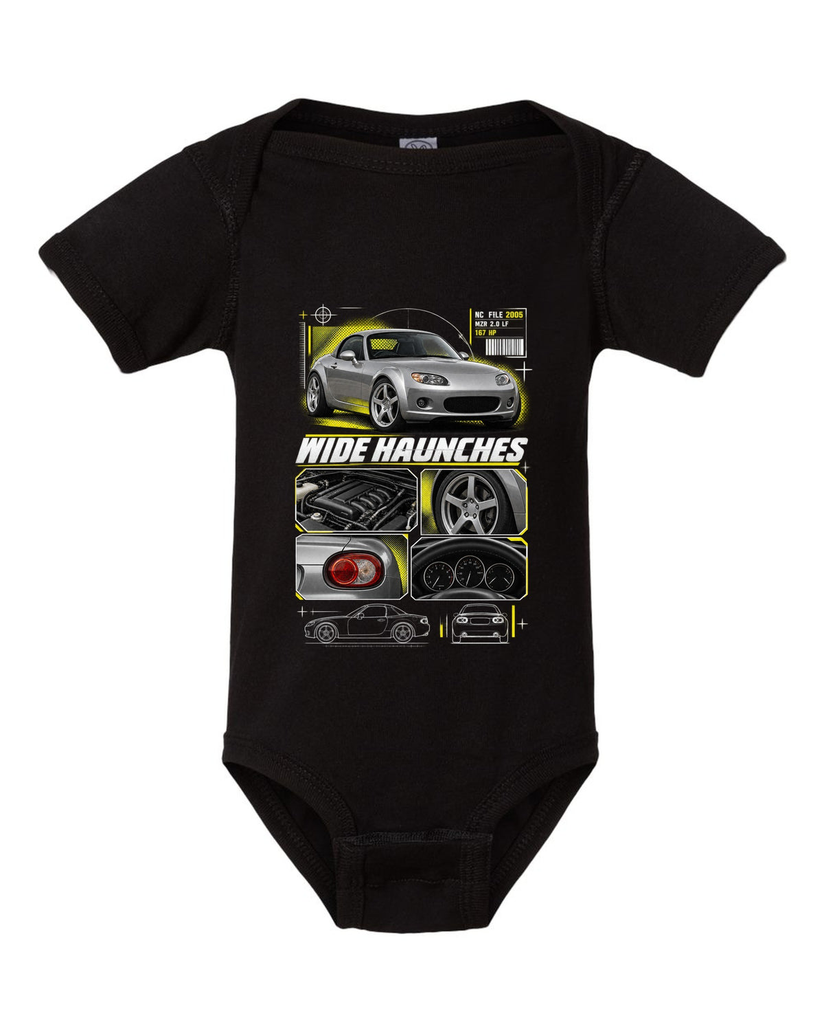 Dossier panels print for the Mazda MX-5 NC PRHT 2005-15 with MZR 2.0 LF and wide haunches black baby onesie front view with the design