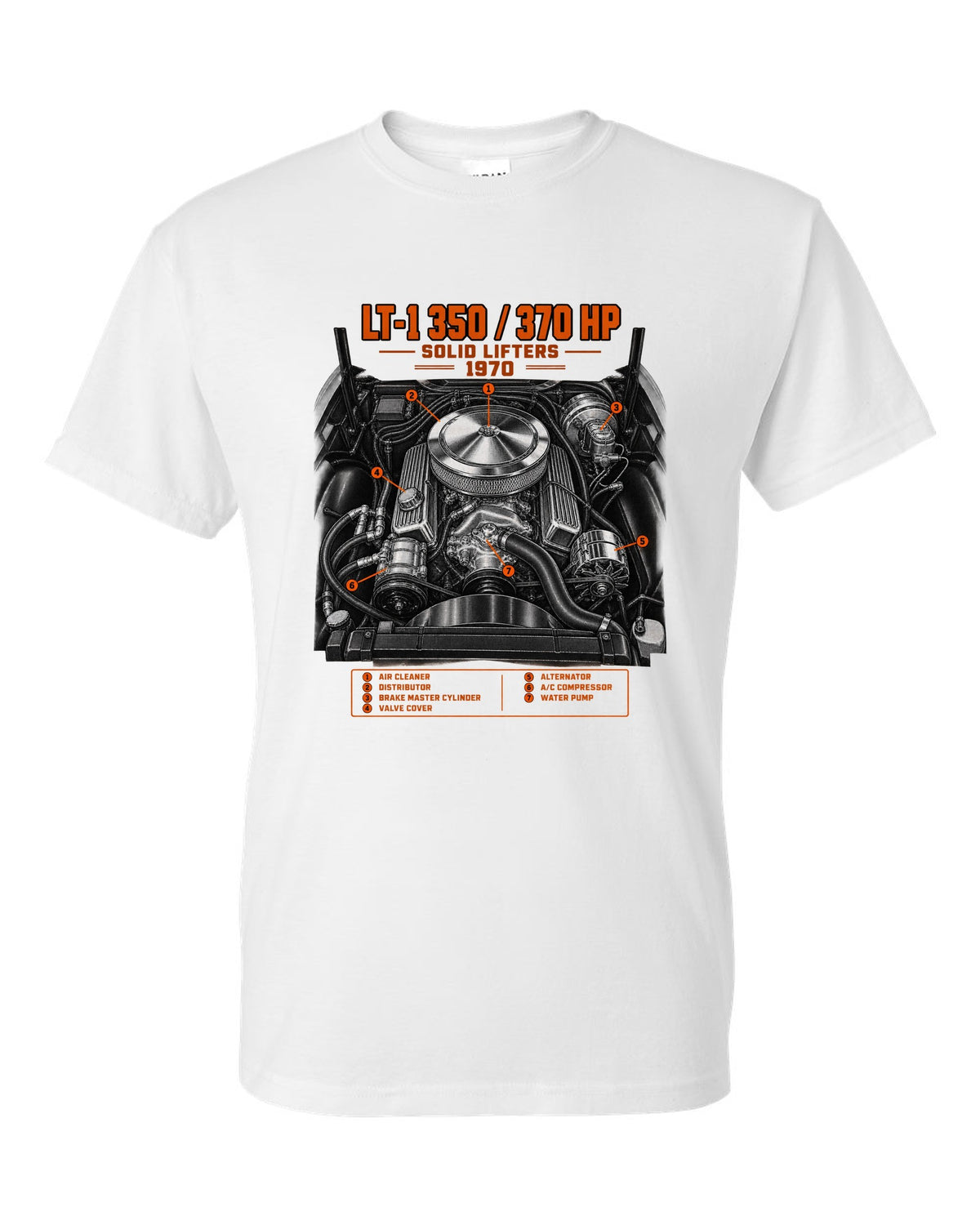 Chevrolet Corvette C3 Stingray 1970 LT-1 350 engine print white t-shirt front view with the design