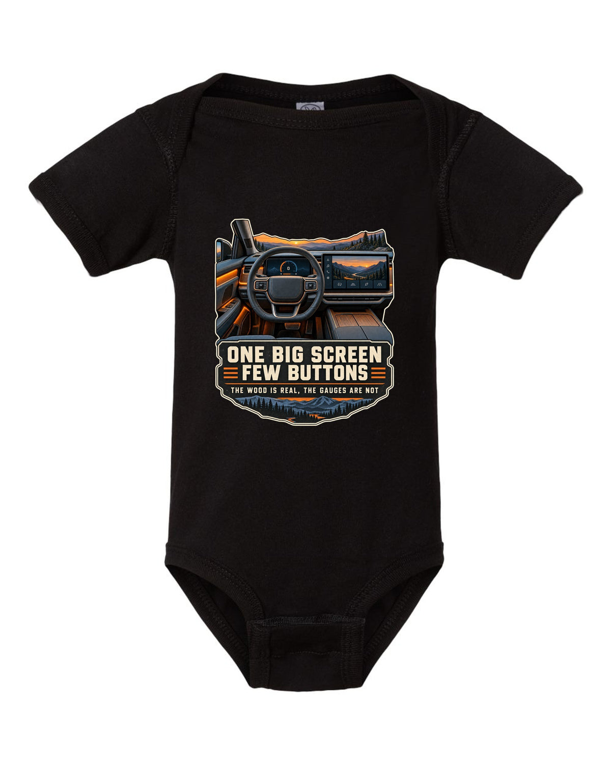 Cockpit and gauge print of a Rivian R1T interior with a large central screen black baby onesie front view with the design