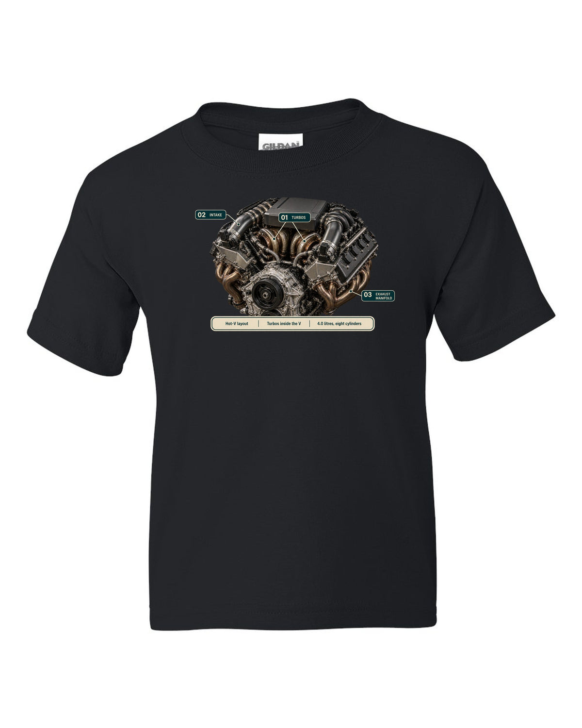 Engine hero print of the Mercedes-AMG M177 4.0 V8 from the G63 black kids tee front view with the design