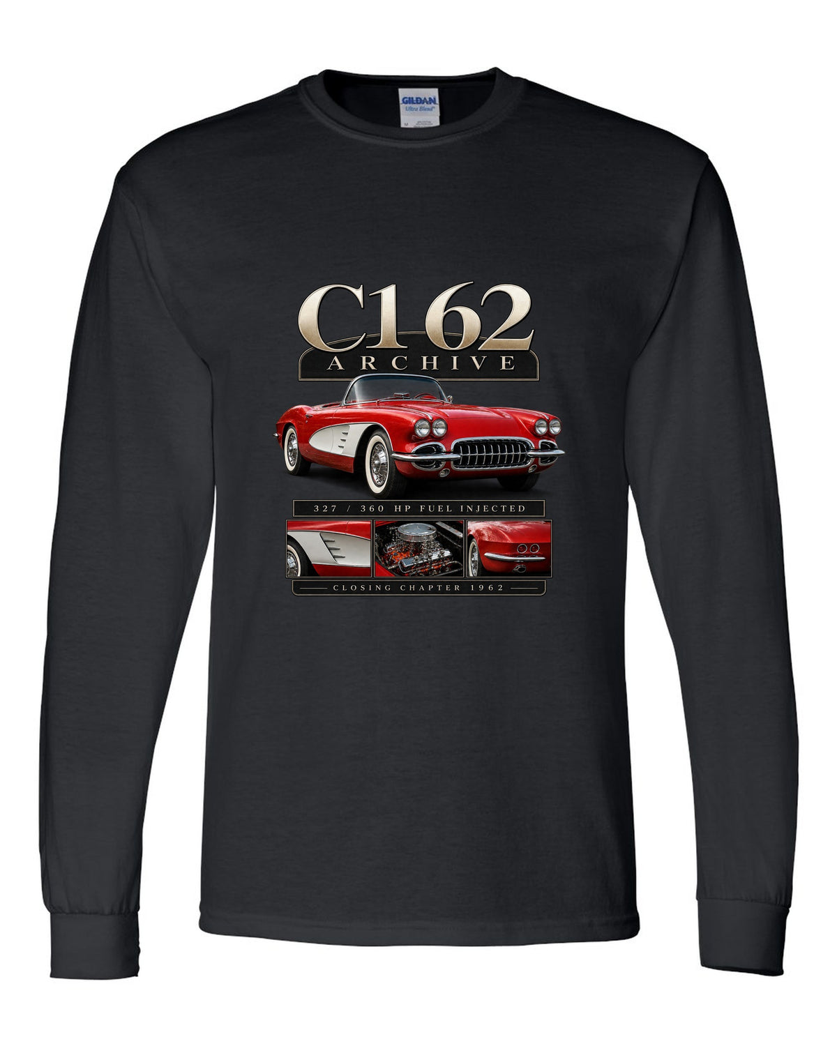 Corvette C1 1962 solid-axle roadster archive panel black long sleeve front view with the design