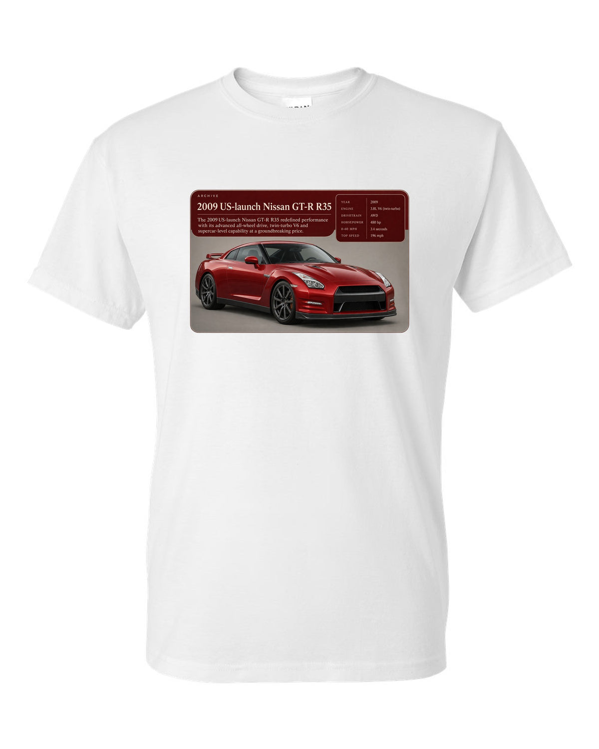 Archive panel print of a deep red 2009 US launch Nissan GT-R R35 white t-shirt front view with the design