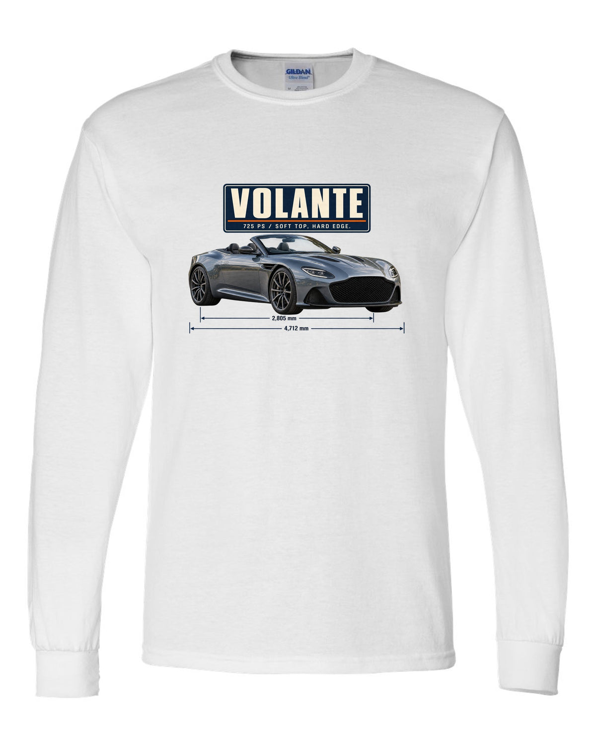 Aston Martin DBS Volante 2019 top-down editorial headline print with 725 PS text white long sleeve front view with the design