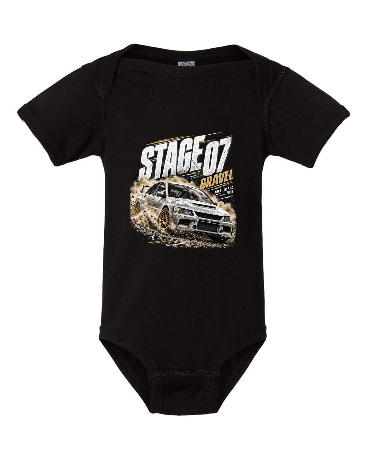 Rally poster print of a Mitsubishi Lancer Evolution IX CT9A on gravel black baby onesie front view with the design