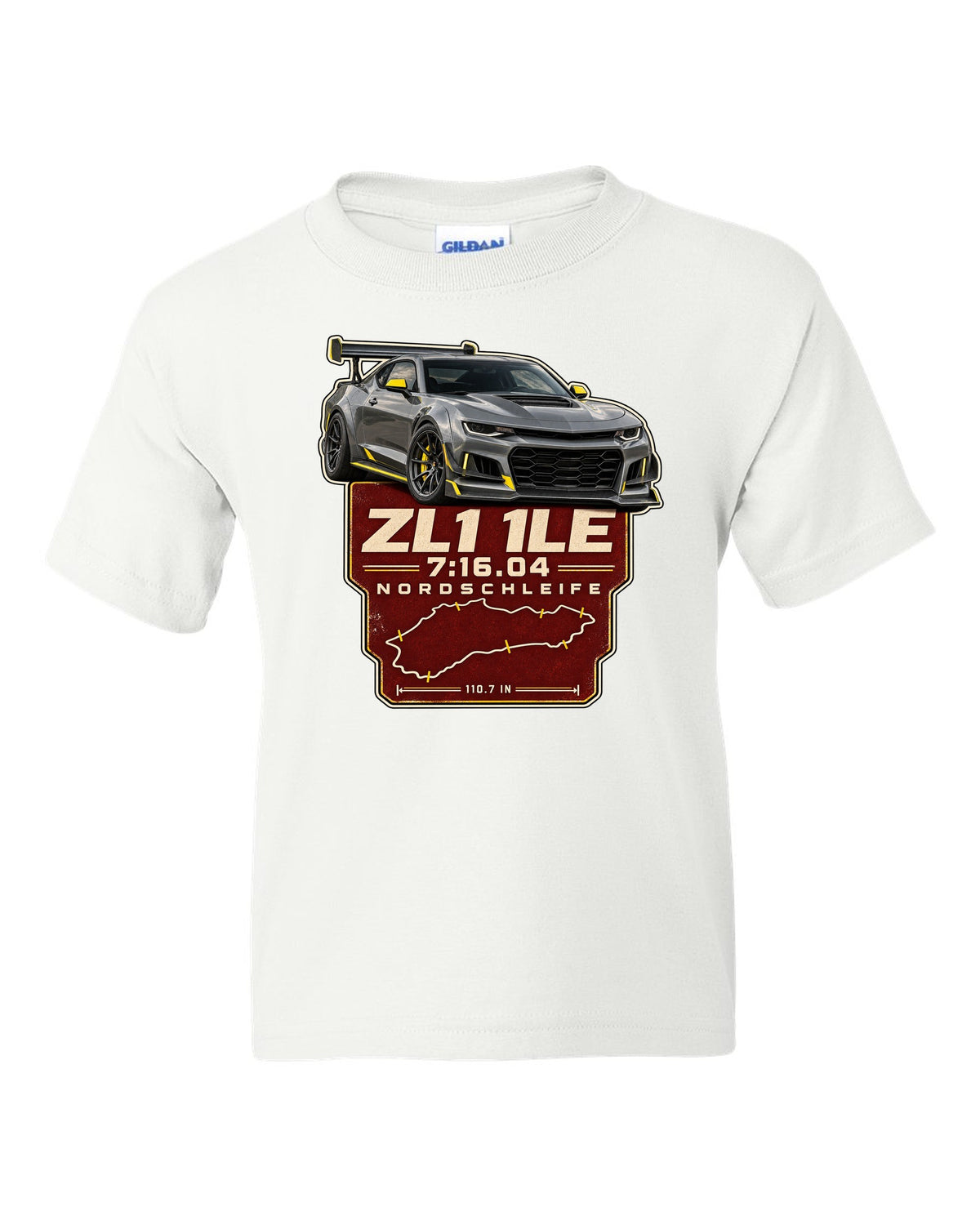 Lap time poster print of a Chevrolet Camaro ZL1 1LE white kids tee front view with the design