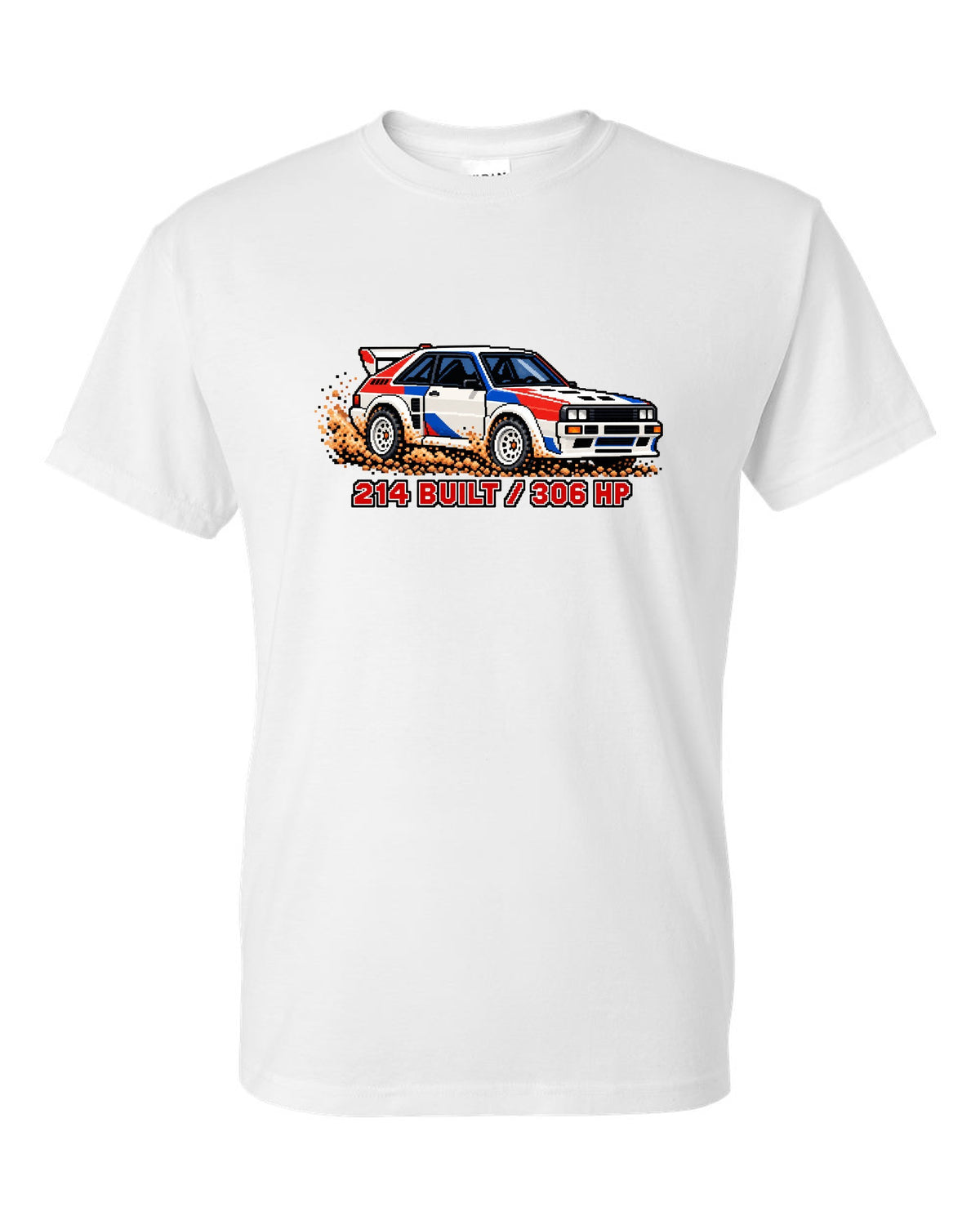 16-bit pixel art print of an Audi Sport Quattro SWB with 214 Built text white t-shirt front view with the design