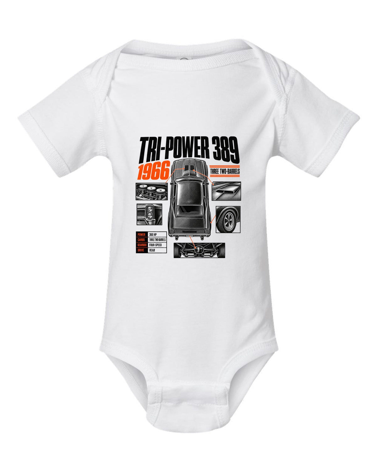 print spec poster of a 1966 Pontiac GTO with Tri-Power 389 lettering white baby onesie front view with the design