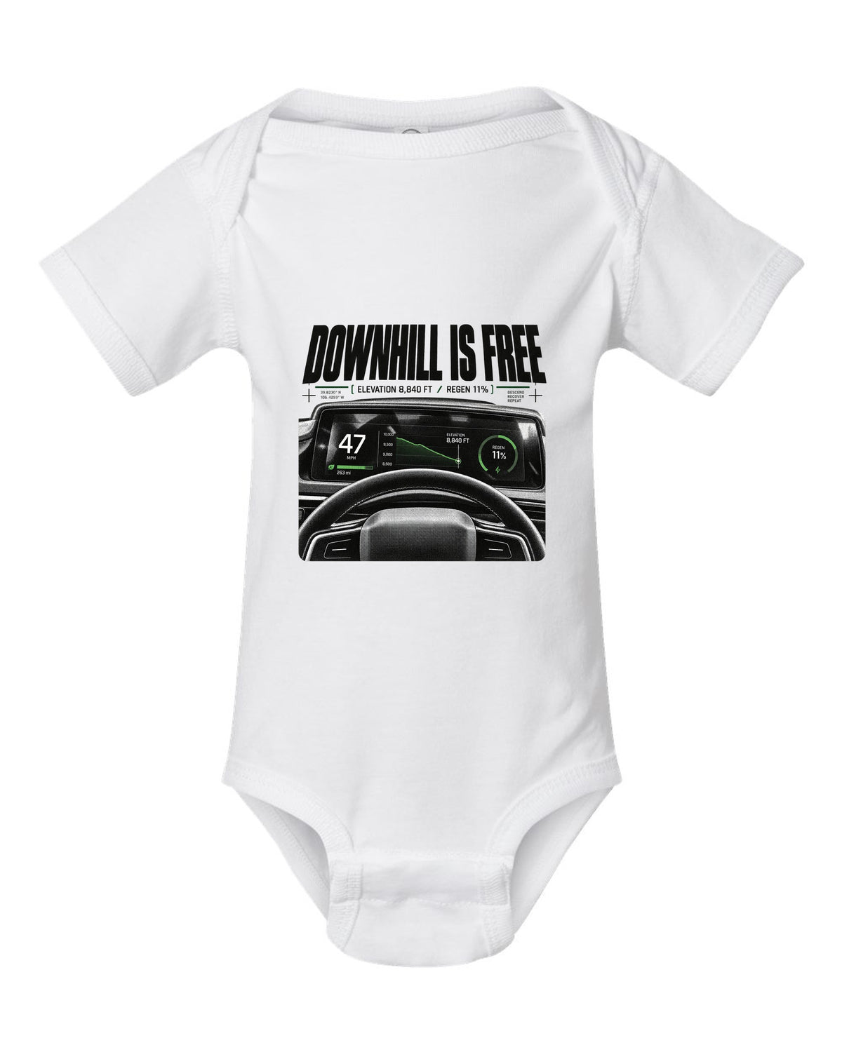 Rivian R1T 2022 cockpit gauge readout with downhill is free, elevation 8,840 ft and regen 11% white baby onesie front view with the design