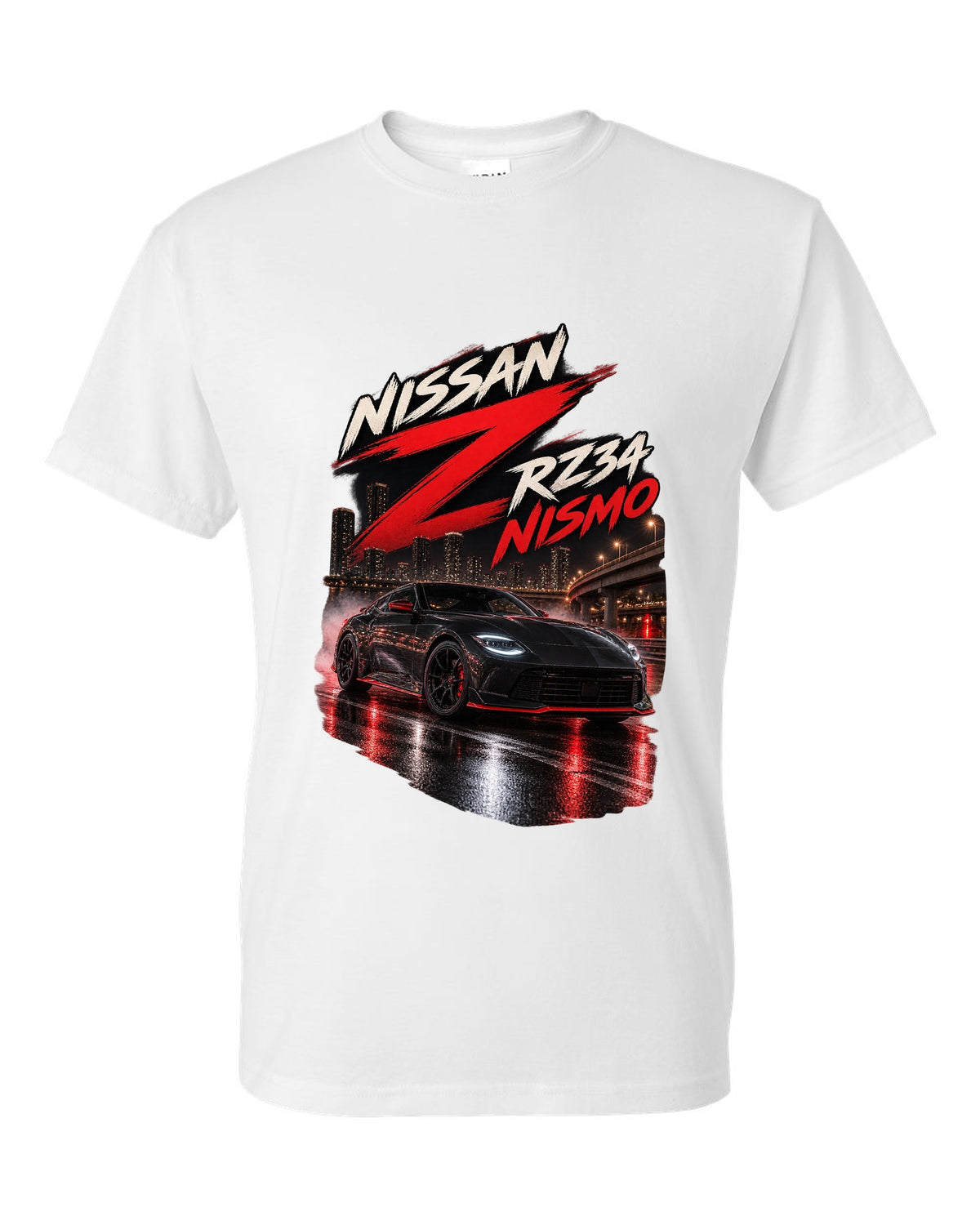 Nissan RZ34 Z spec poster with 2022 debut, VR30DDTT and 400 hp text white t-shirt front view with the design