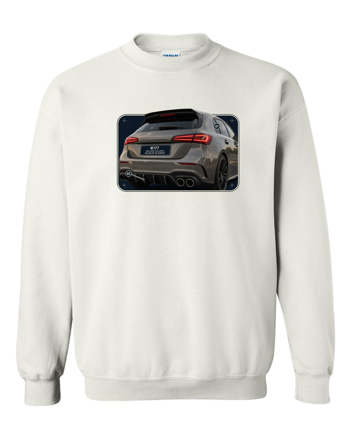 Mercedes-AMG A45 S W177 rear taillight macro detail print white crewneck front view with the design