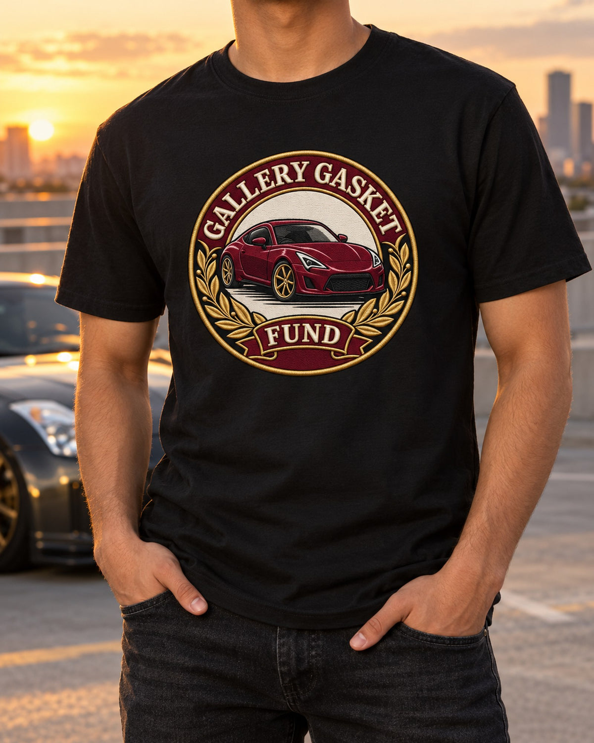 Nissan 350Z Z33 Round Crest Graphic Tee, Gasket Fund T-Shirt Black worn hero