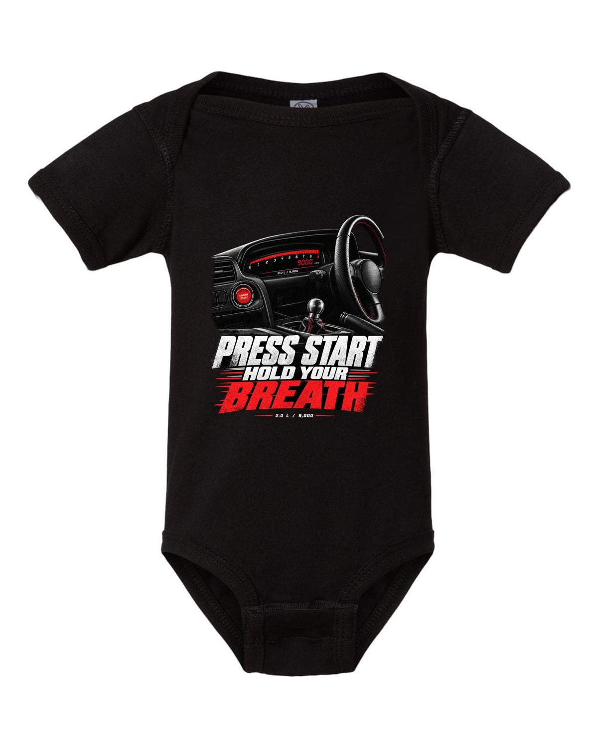 Honda S2000 AP1 roadster cockpit gauge design with press start text black baby onesie front view with the design