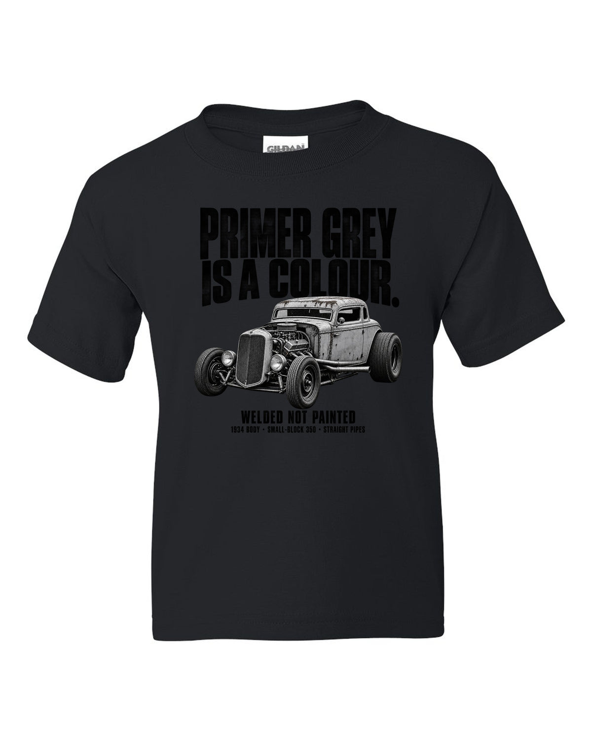 Halftone print of a primer grey 1934-style rat rod coupe black kids tee front view with the design